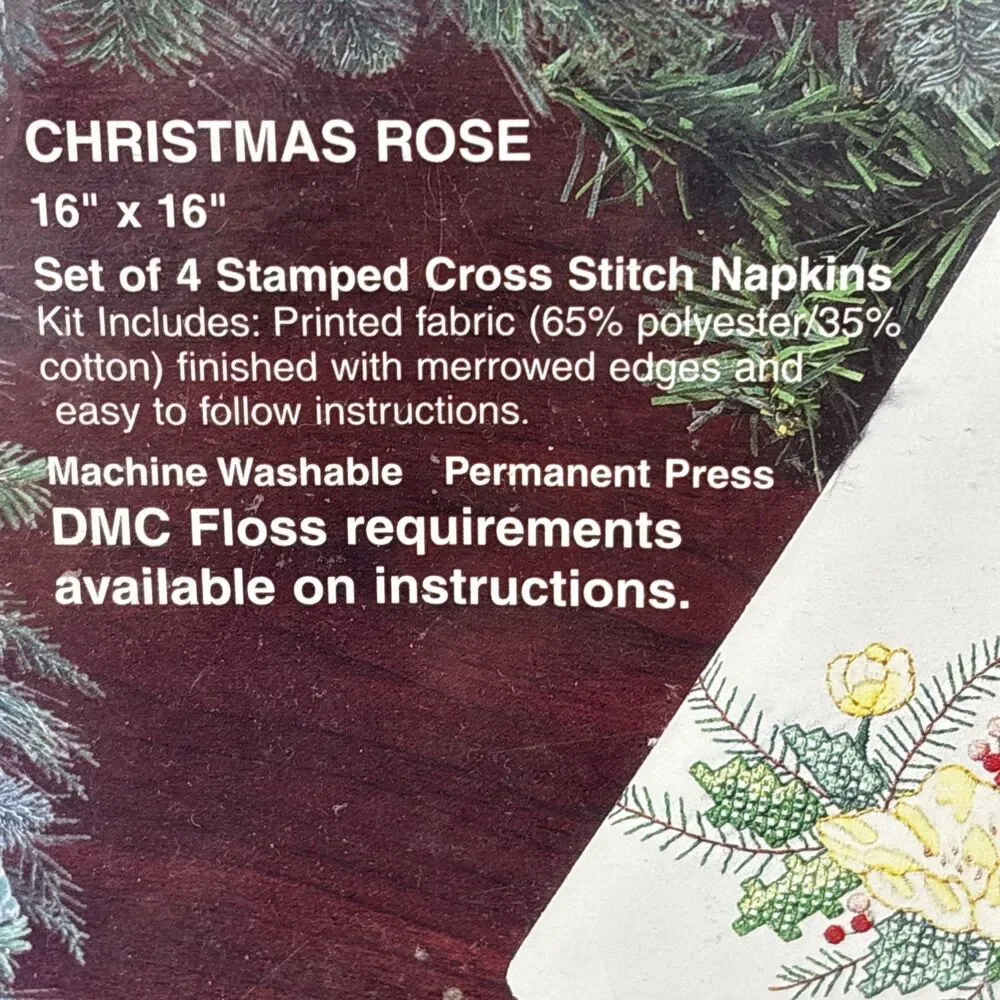 Bucilla Stamped Cross Stitch Napkins Christmas Rose #83259 Some Floss, Started